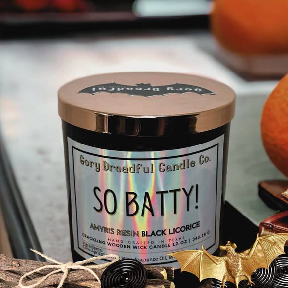 So Batty! Crackling Wooden Wick Candle: Amyris Resin Black Licorice Scent - Picture 4 of 10